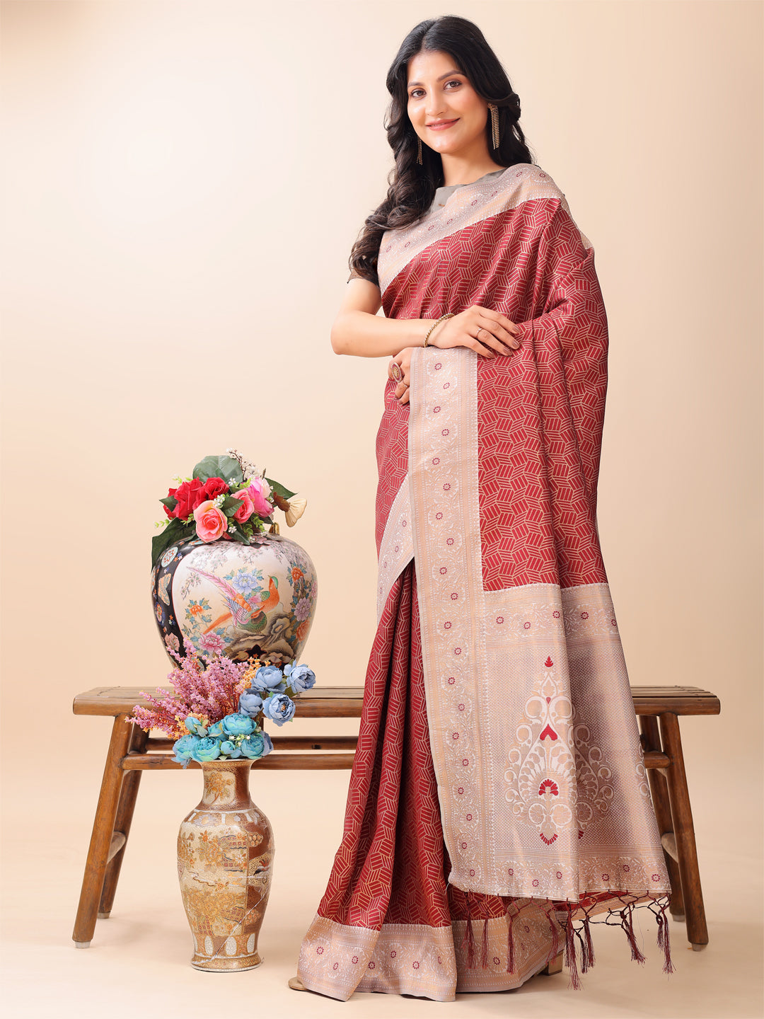 Maroon Colour Lichi Silk Weaving Work Saree With Blouse Piece
