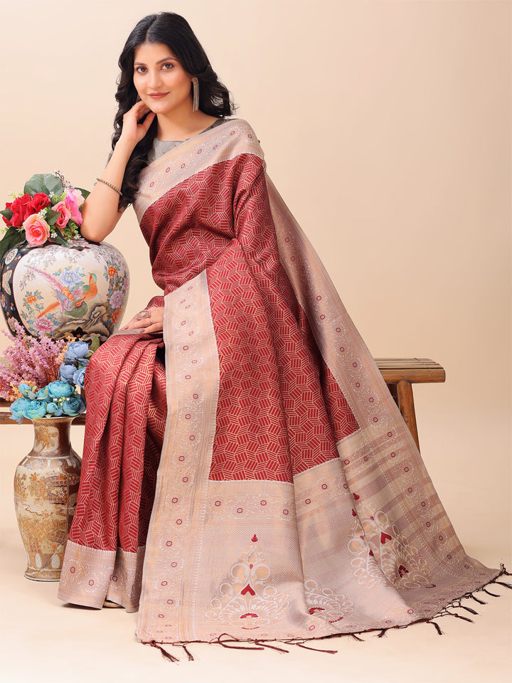 Maroon Colour Lichi Silk Weaving Work Saree With Blouse Piece