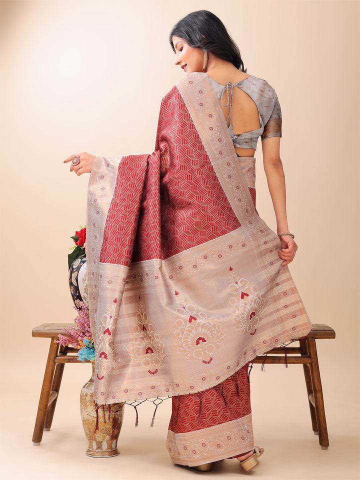 Maroon Colour Lichi Silk Weaving Work Saree With Blouse Piece