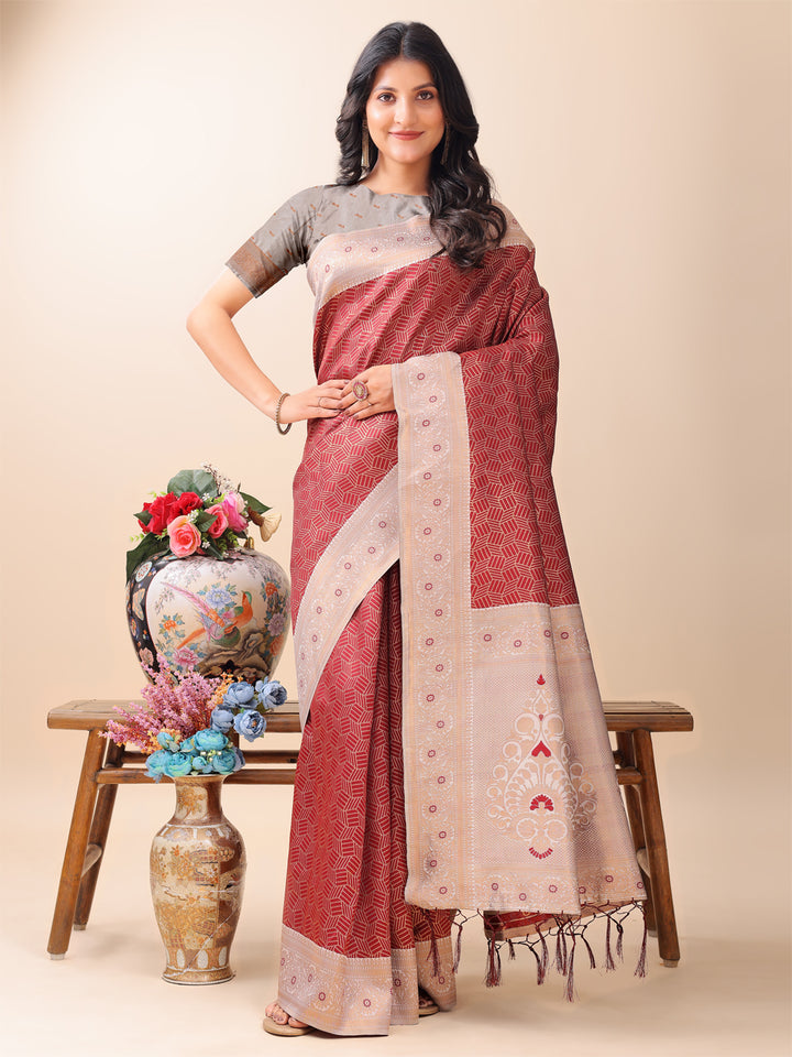Maroon Colour Lichi Silk Weaving Work Saree With Blouse Piece