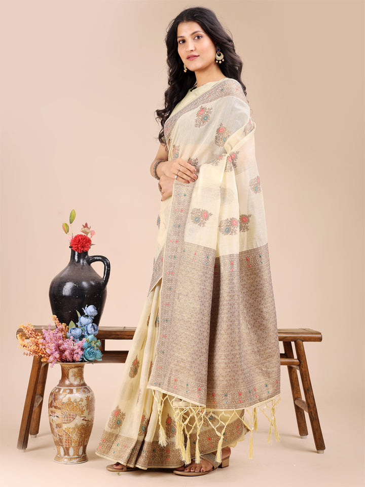 Cream Colour Cotton Printed Work Saree With Blouse Piece