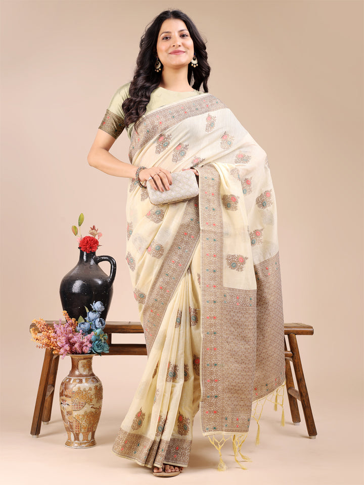 Cream Colour Cotton Printed Work Saree With Blouse Piece