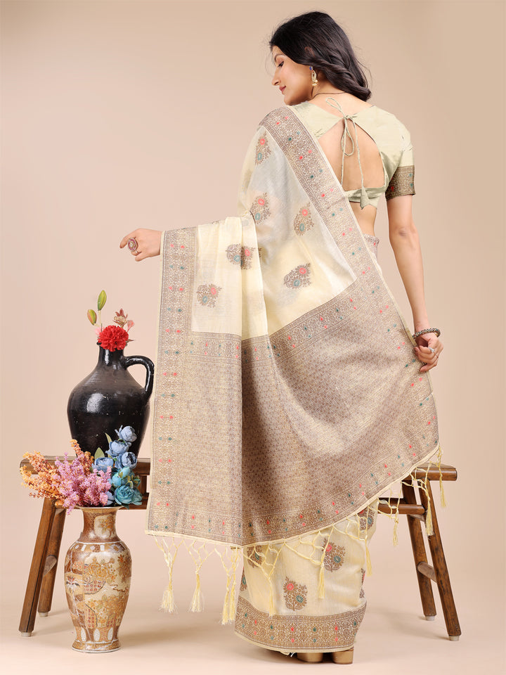 Cream Colour Cotton Printed Work Saree With Blouse Piece