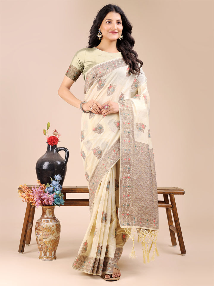 Cream Colour Cotton Printed Work Saree With Blouse Piece