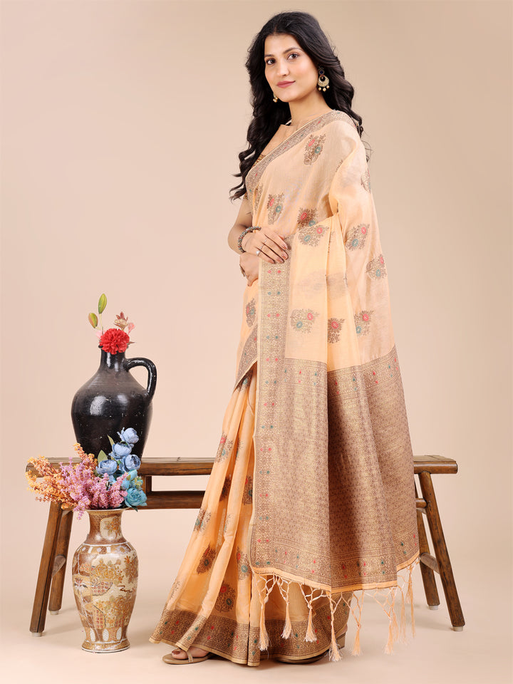Peach Colour Cotton Printed Work Saree With Blouse Piece