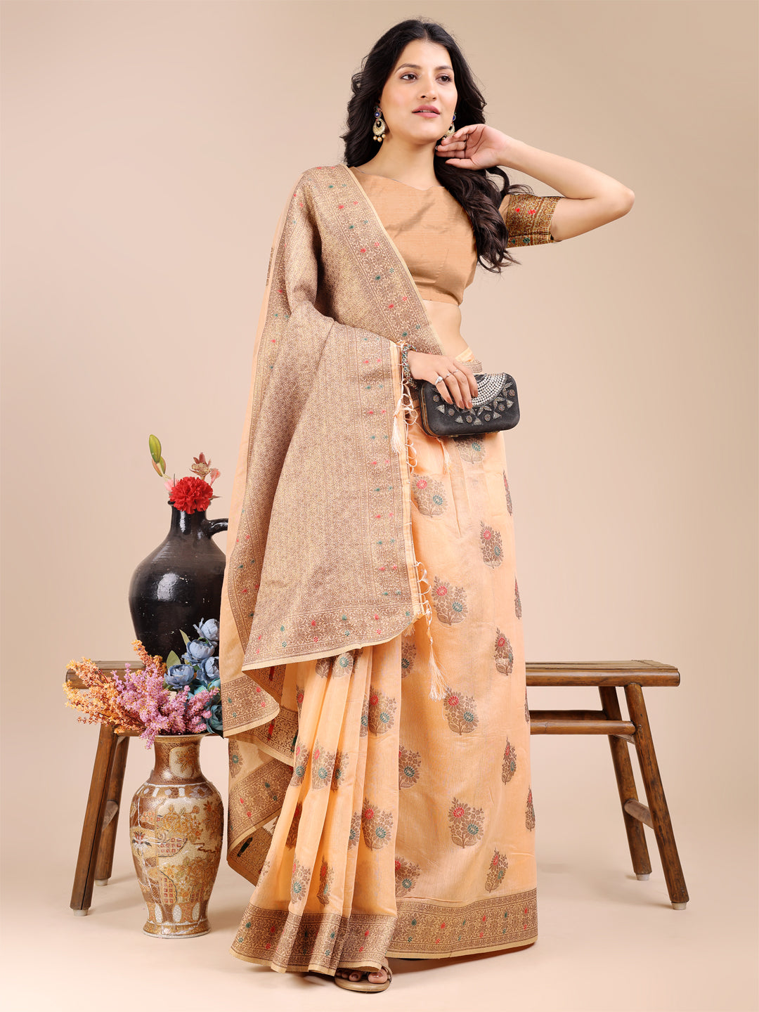 Peach Colour Cotton Printed Work Saree With Blouse Piece