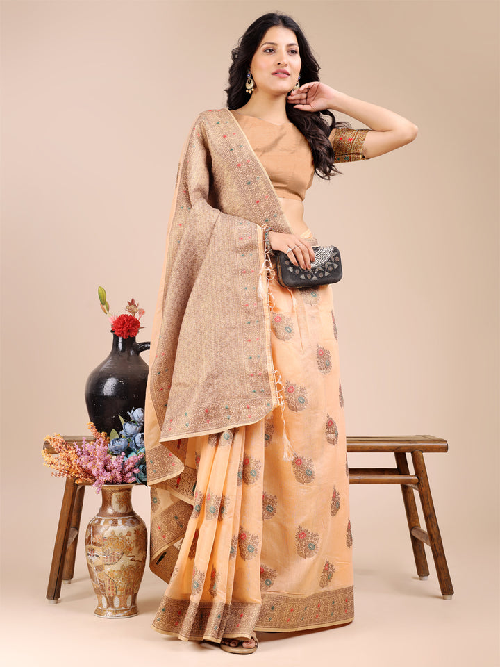 Peach Colour Cotton Printed Work Saree With Blouse Piece