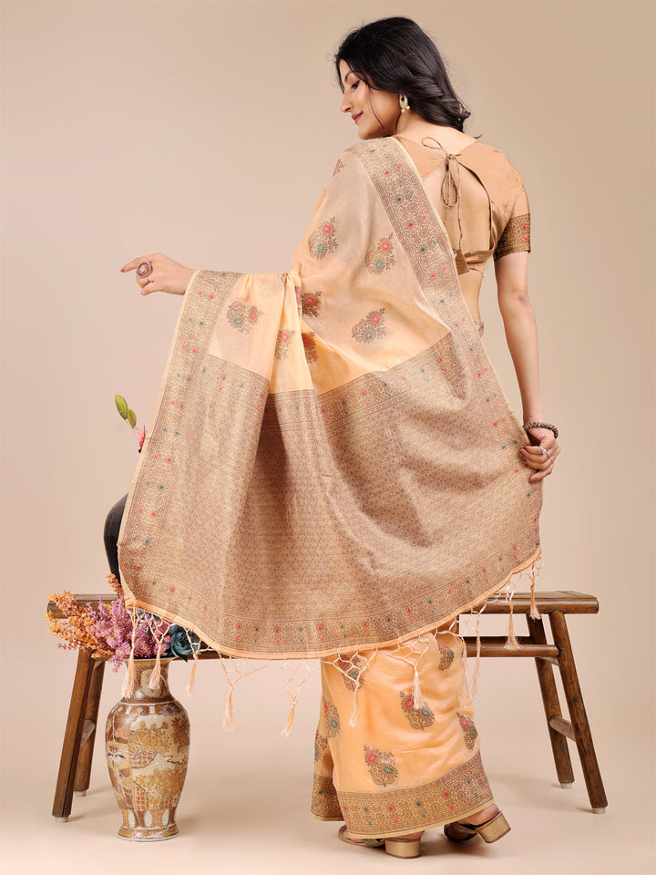 Peach Colour Cotton Printed Work Saree With Blouse Piece