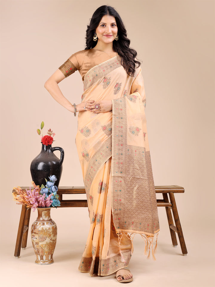 Peach Colour Cotton Printed Work Saree With Blouse Piece