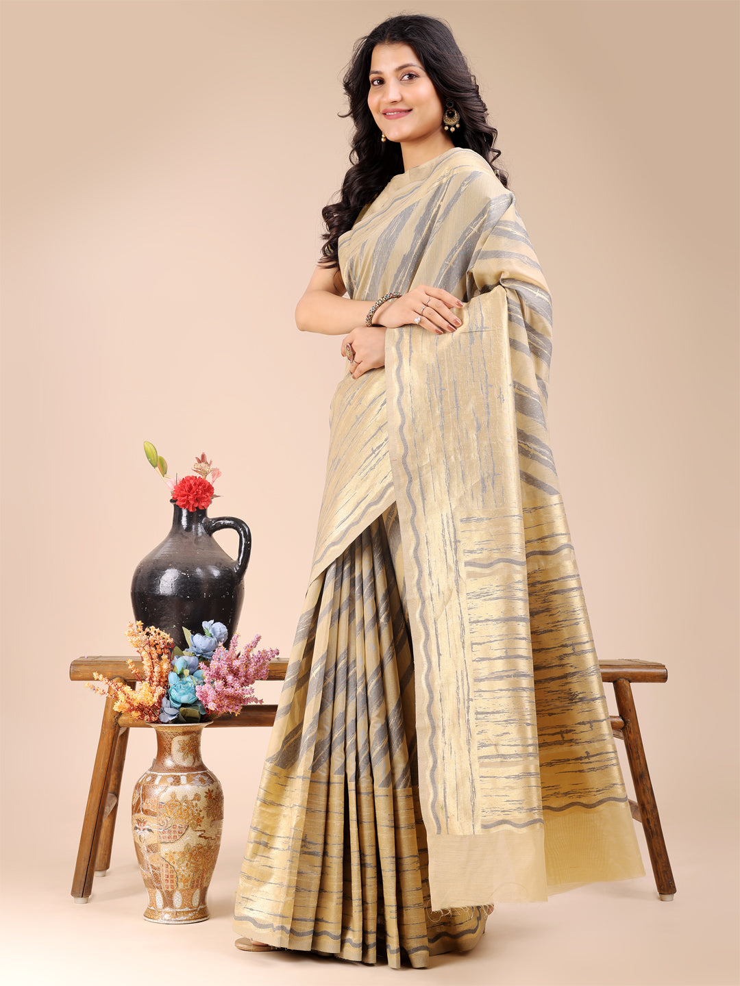 Cream Colour Cotton Printed Work Saree With Blouse Piece