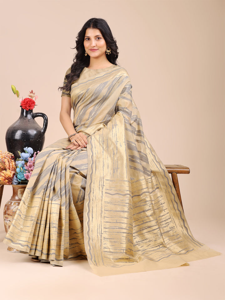 Cream Colour Cotton Printed Work Saree With Blouse Piece