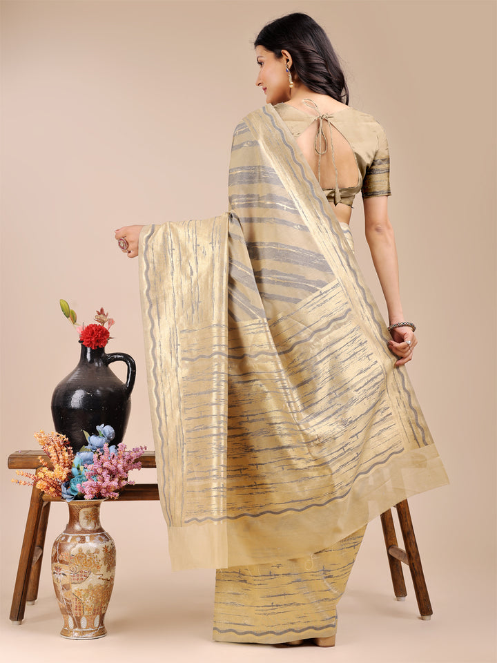 Cream Colour Cotton Printed Work Saree With Blouse Piece