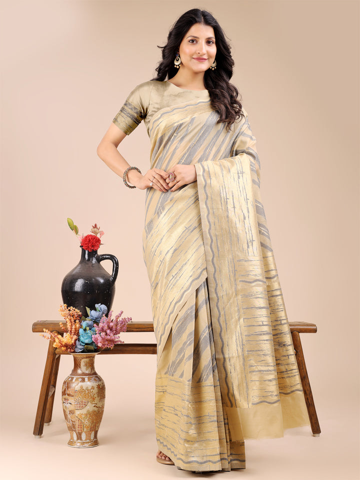 Cream Colour Cotton Printed Work Saree With Blouse Piece