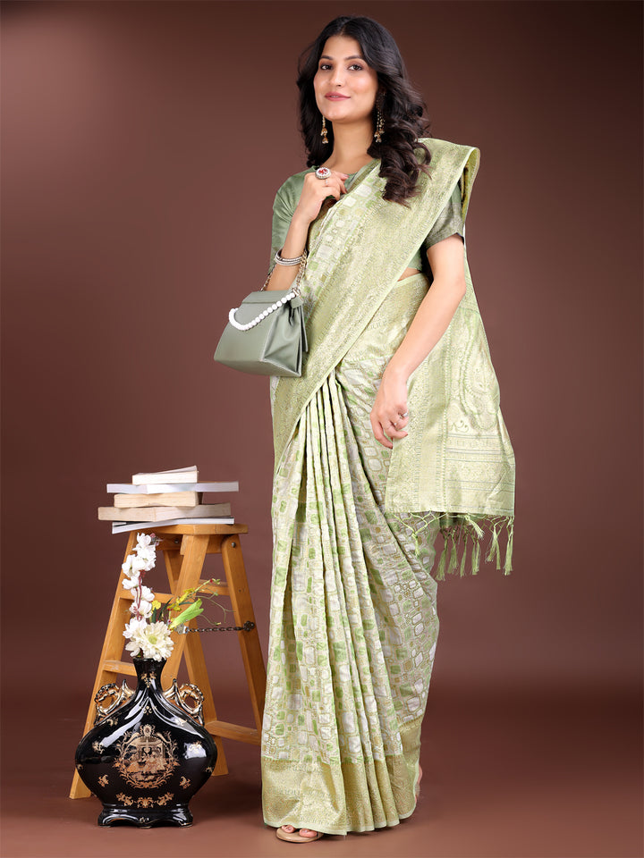 Light Green Colour Linen Cotton Saree Printed Work With Blouse Piece