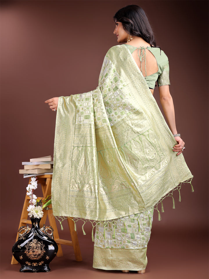 Light Green Colour Linen Cotton Saree Printed Work With Blouse Piece