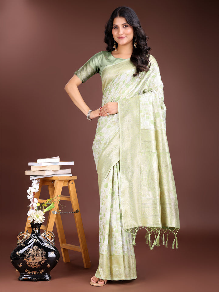 Light Green Colour Linen Cotton Saree Printed Work With Blouse Piece
