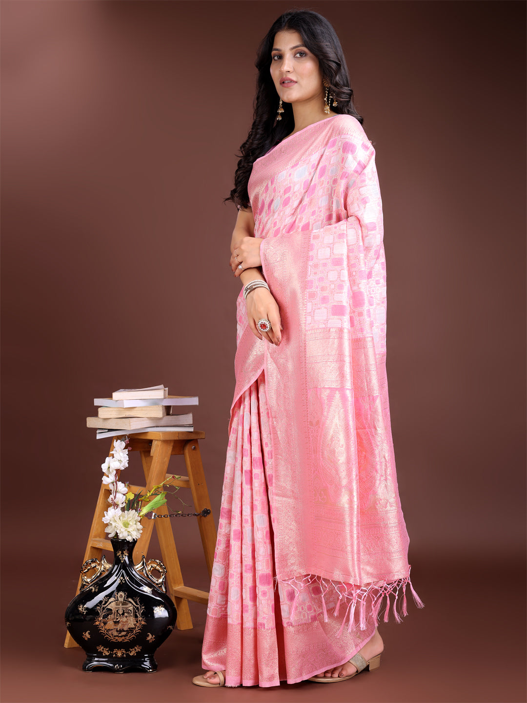 Pink Colour Linen Cotton Saree Printed Work With Blouse Piece