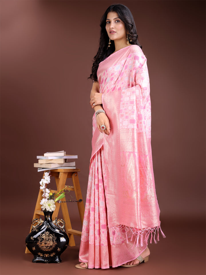Pink Colour Linen Cotton Saree Printed Work With Blouse Piece