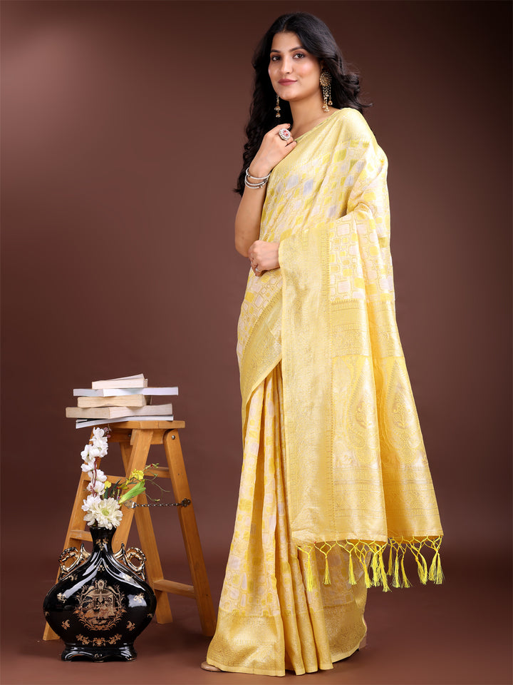 Yellow Colour Linen Cotton Saree Printed Work With Blouse Piece