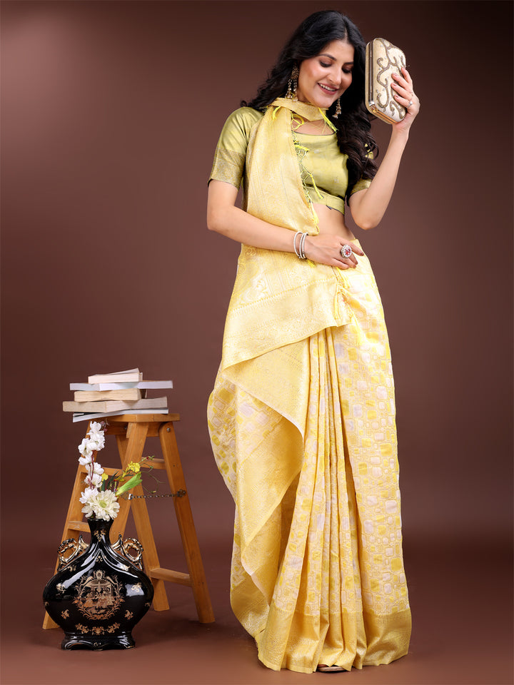 Yellow Colour Linen Cotton Saree Printed Work With Blouse Piece