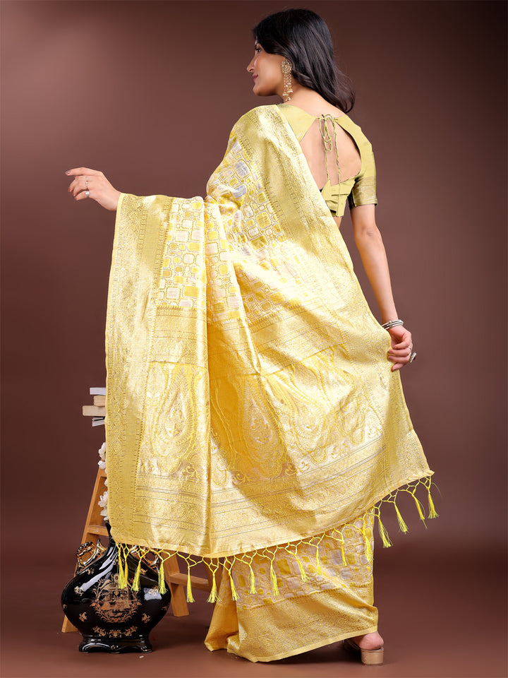 Yellow Colour Linen Cotton Saree Printed Work With Blouse Piece