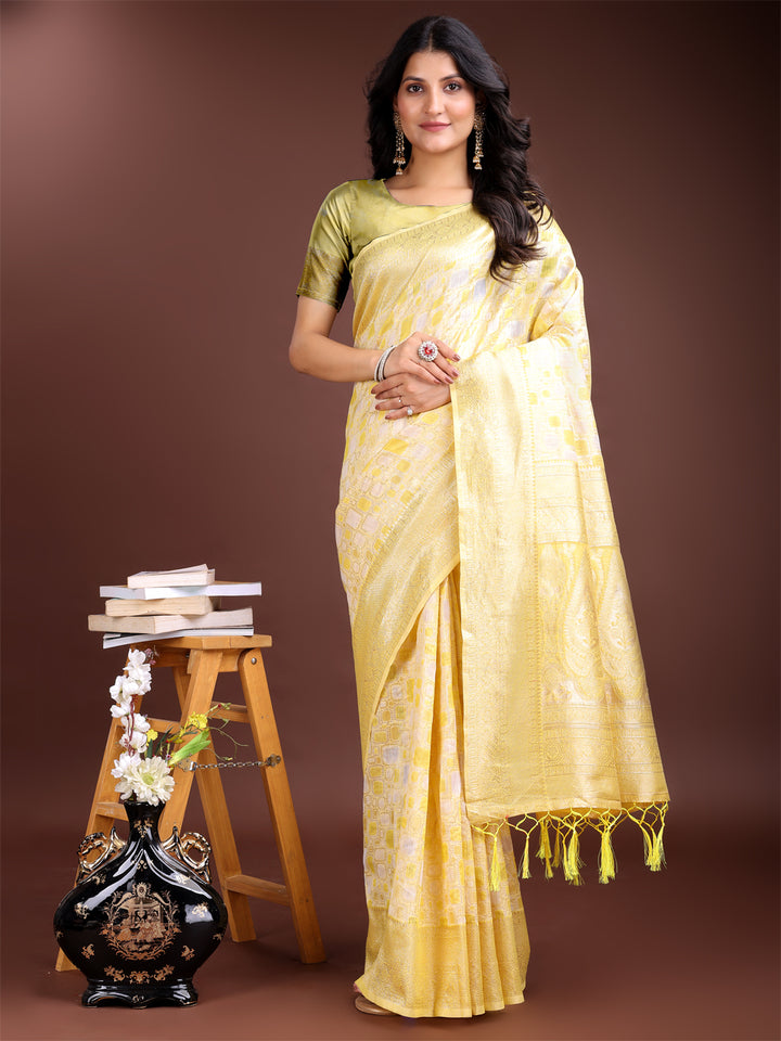 Yellow Colour Linen Cotton Saree Printed Work With Blouse Piece