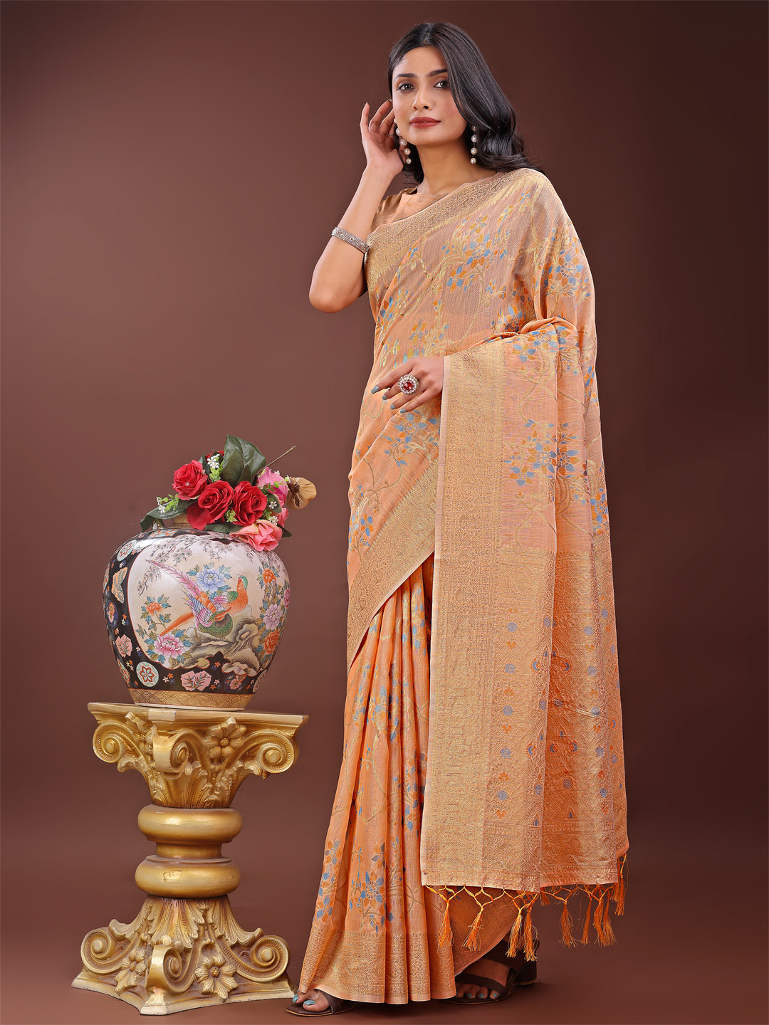 Orange Colour Linen Cotton Printed Work Saree With Blouse Piece