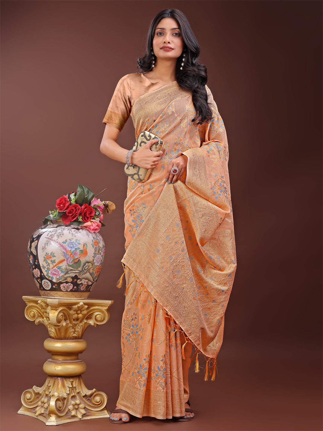 Orange Colour Linen Cotton Printed Work Saree With Blouse Piece