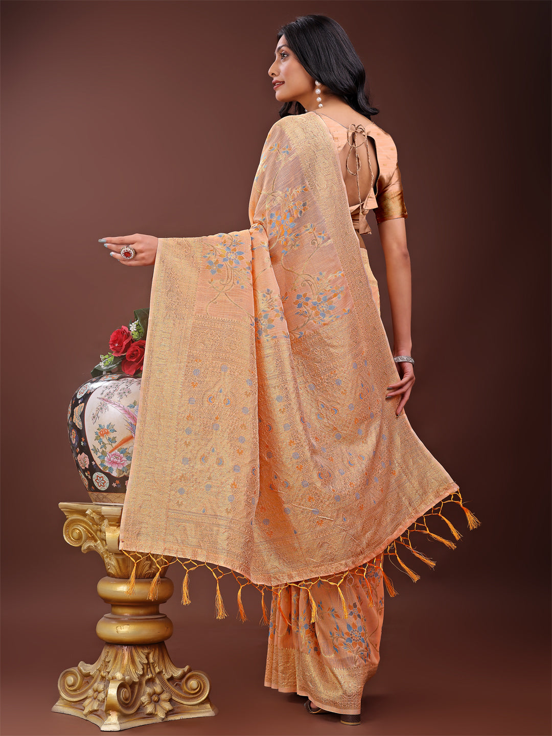 Orange Colour Linen Cotton Printed Work Saree With Blouse Piece