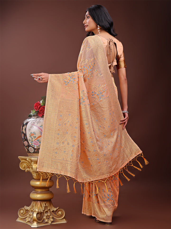 Orange Colour Linen Cotton Printed Work Saree With Blouse Piece