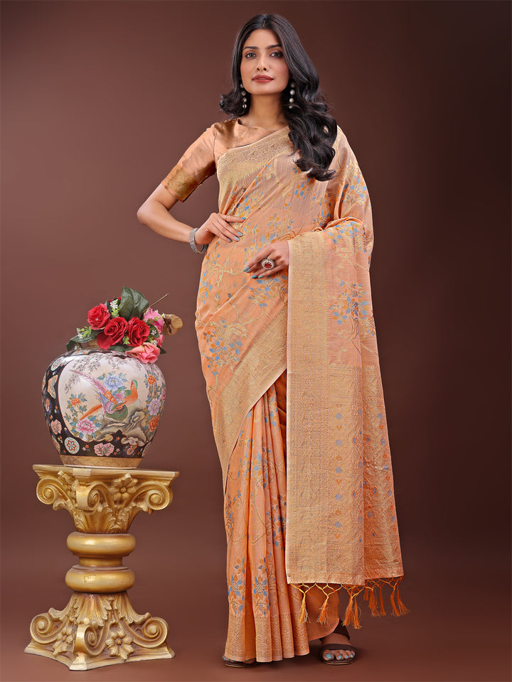 Orange Colour Linen Cotton Printed Work Saree With Blouse Piece