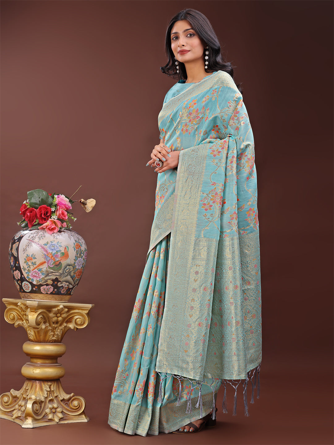 Sky Blue Colour Linen Cotton Printed Work Saree With Blouse Piece
