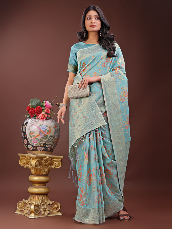 Sky Blue Colour Linen Cotton Printed Work Saree With Blouse Piece