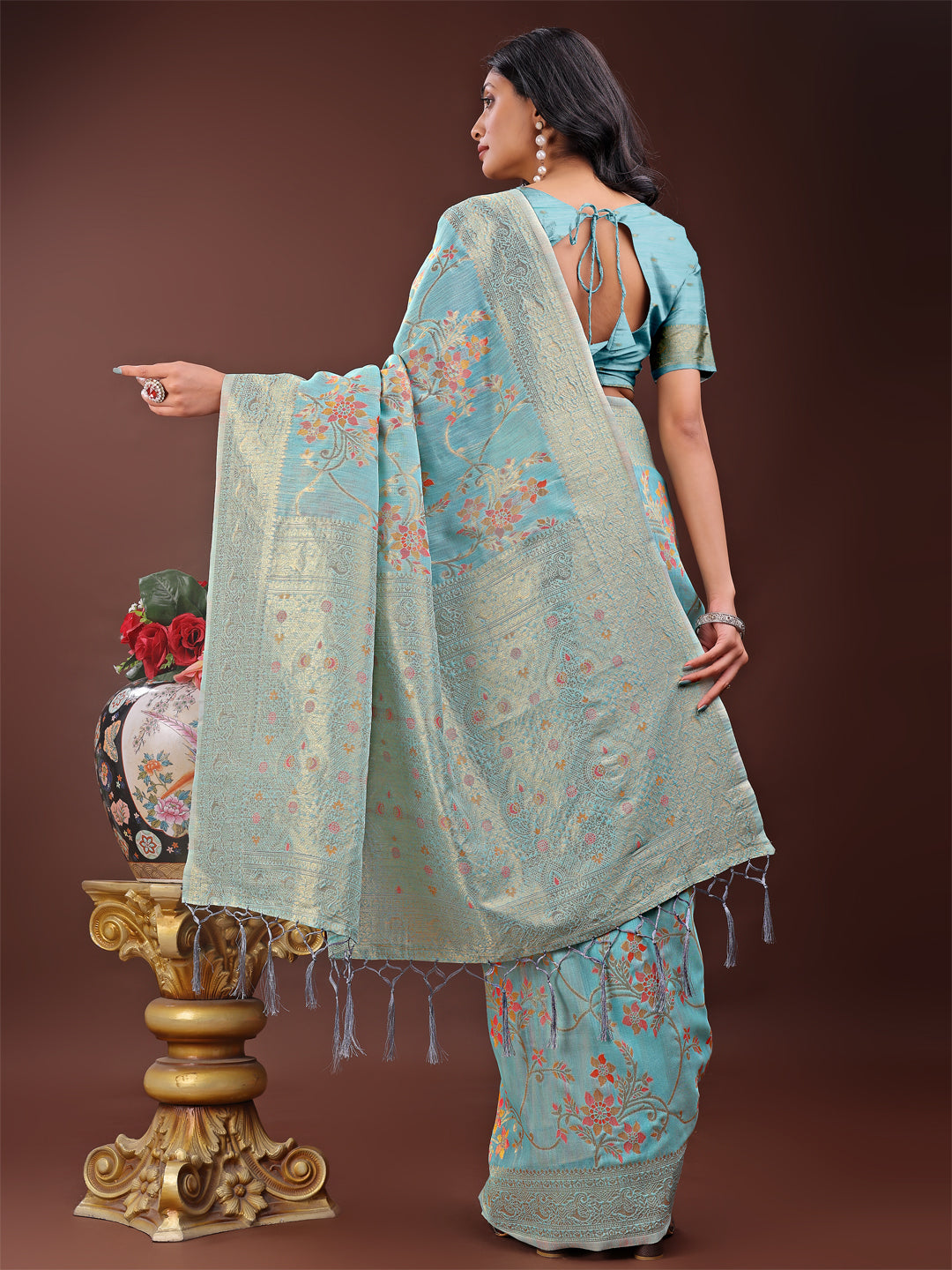 Sky Blue Colour Linen Cotton Printed Work Saree With Blouse Piece