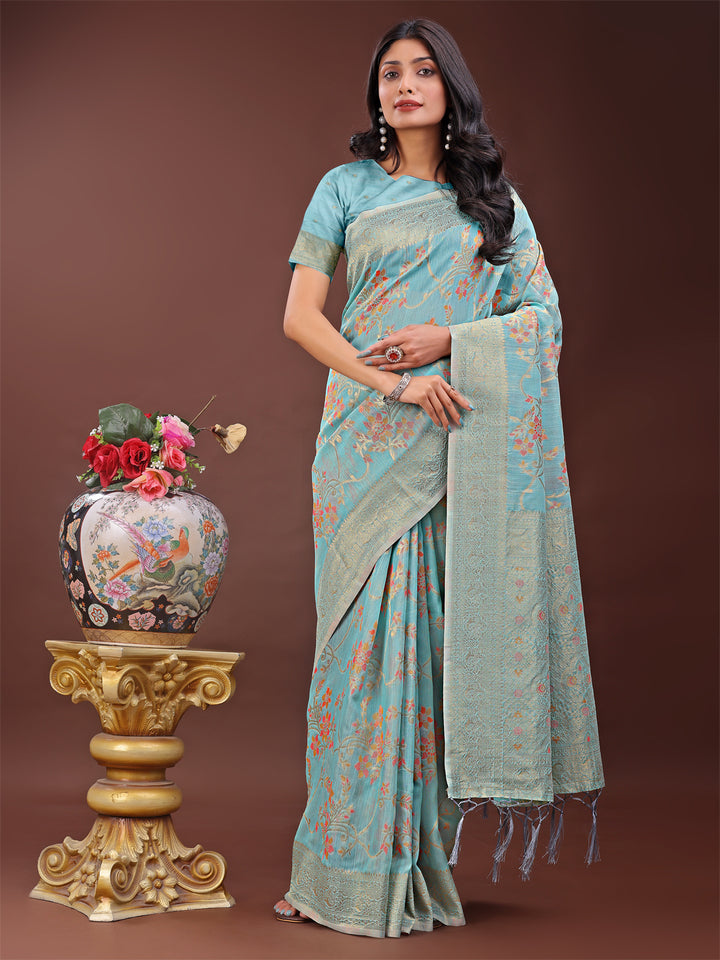 Sky Blue Colour Linen Cotton Printed Work Saree With Blouse Piece