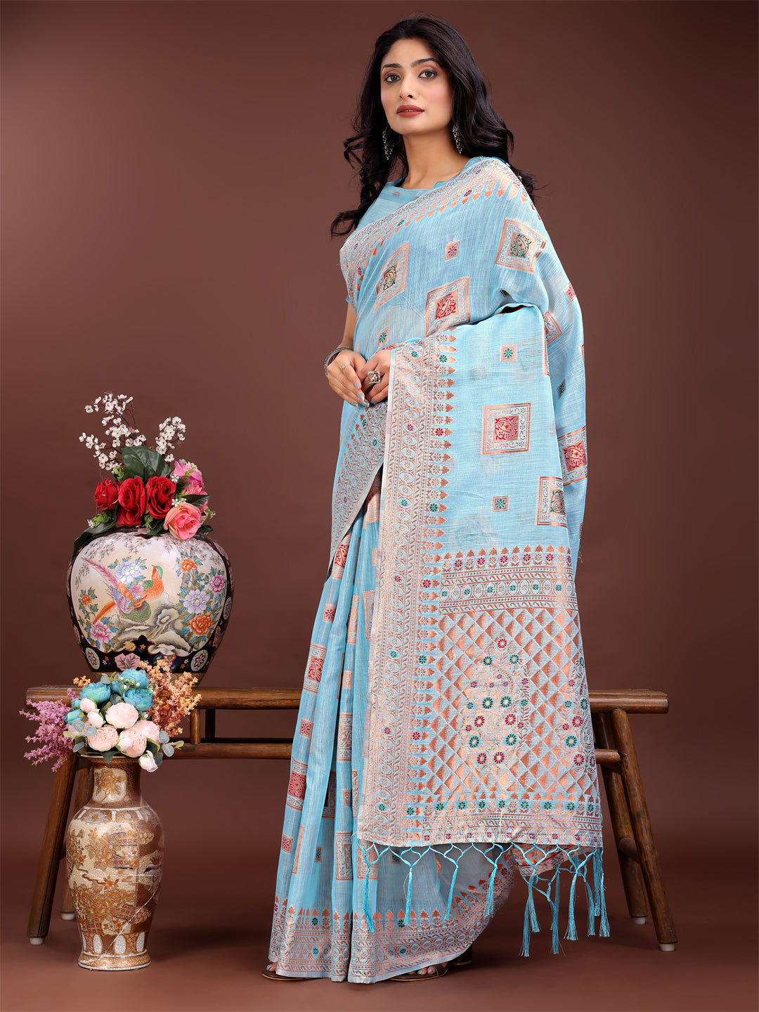Sky Blue Colour Linen Cotton Printed Work Saree With Blouse Piece