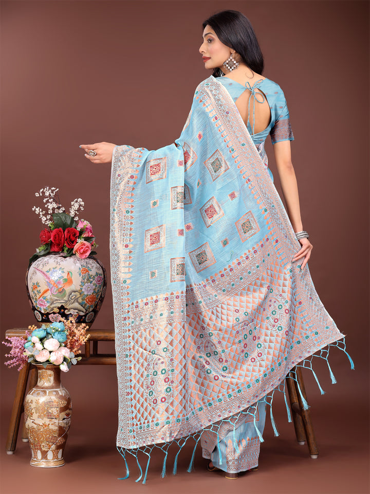 Sky Blue Colour Linen Cotton Printed Work Saree With Blouse Piece