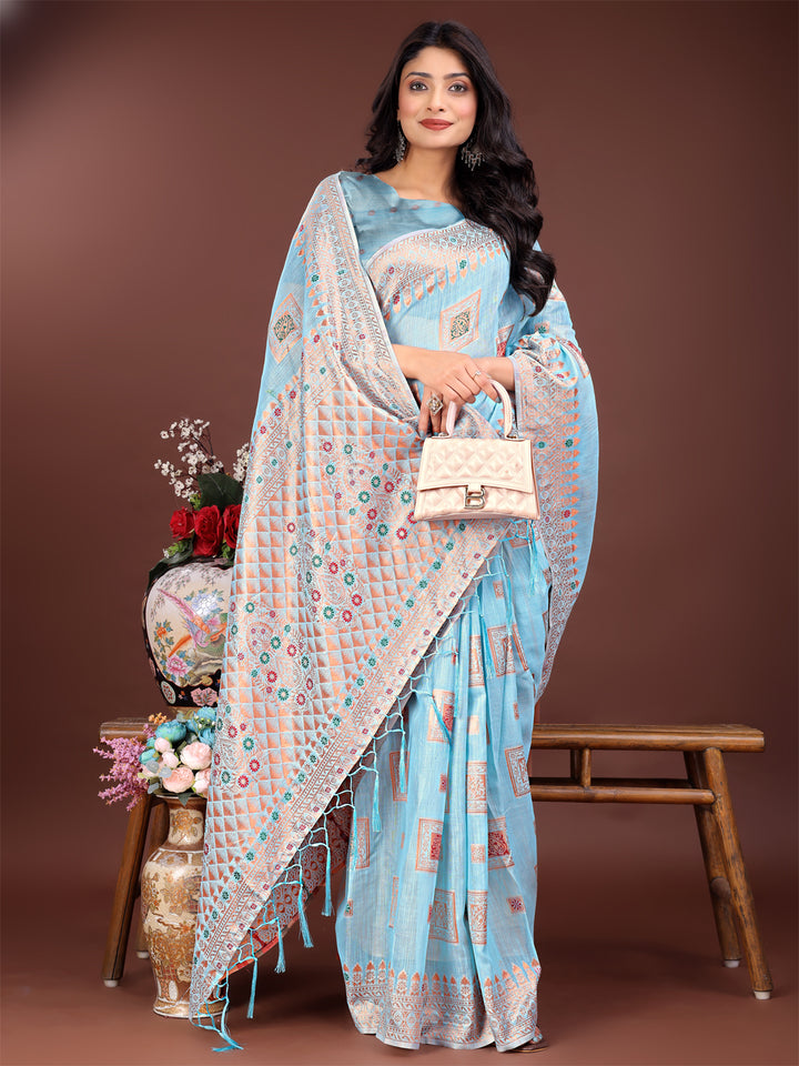 Sky Blue Colour Linen Cotton Printed Work Saree With Blouse Piece