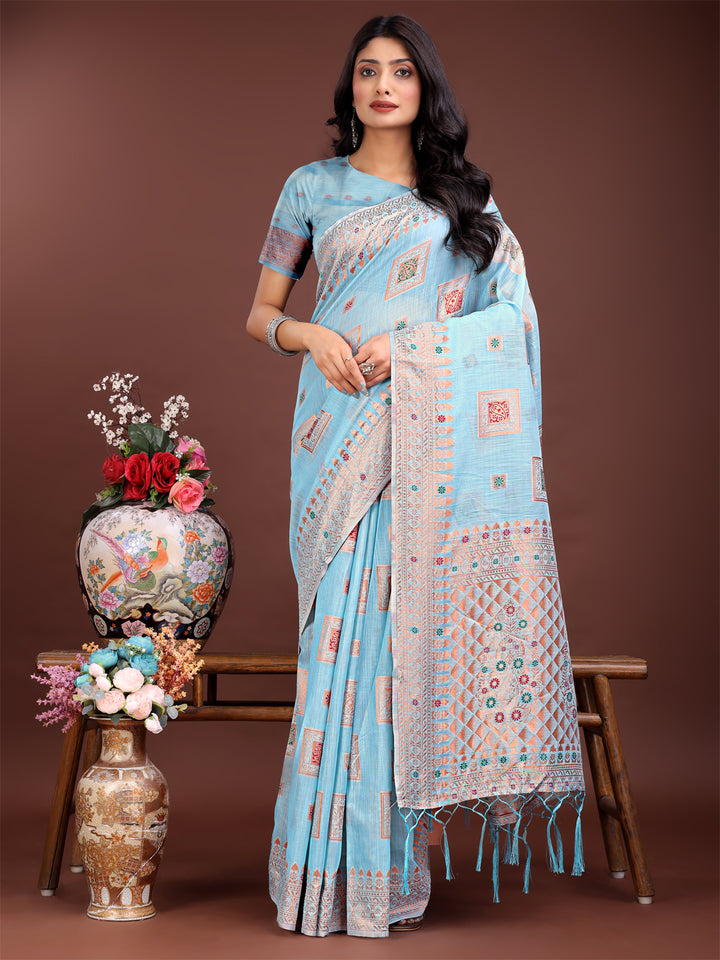 Sky Blue Colour Linen Cotton Printed Work Saree With Blouse Piece