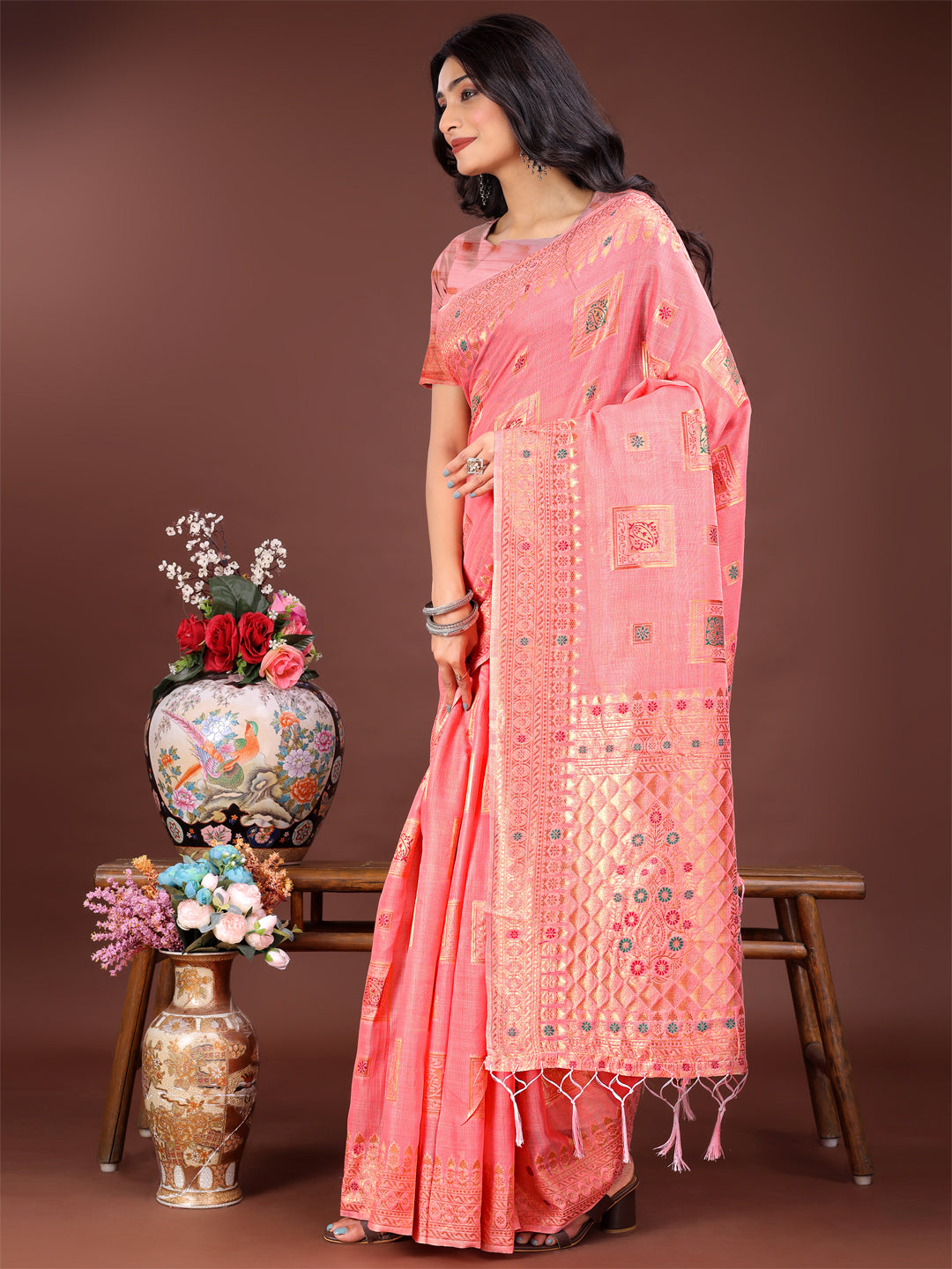 Peach Colour Linen Cotton Printed Work Saree With Blouse Piece