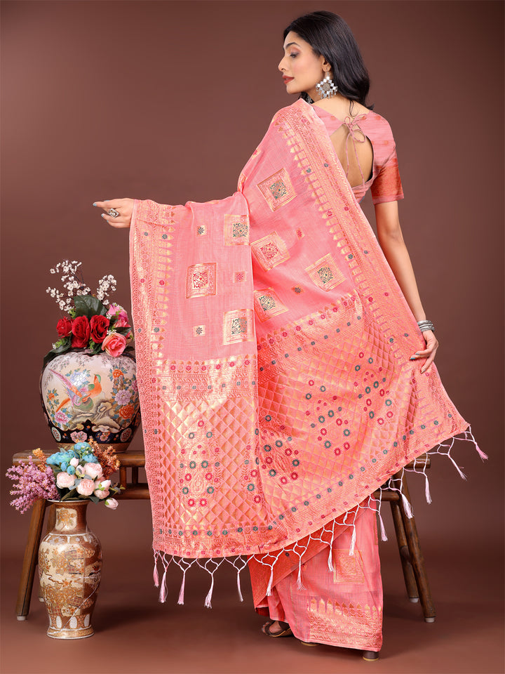 Peach Colour Linen Cotton Printed Work Saree With Blouse Piece