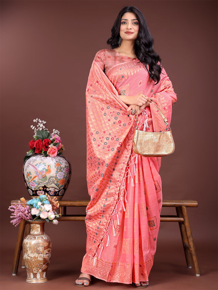 Peach Colour Linen Cotton Printed Work Saree With Blouse Piece
