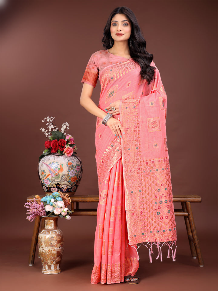 Peach Colour Linen Cotton Printed Work Saree With Blouse Piece