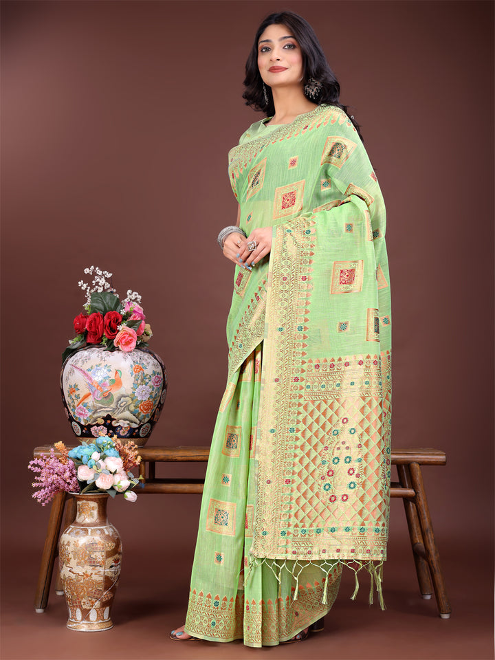 Light Green Colour Linen Cotton Printed Work Saree With Blouse Piece