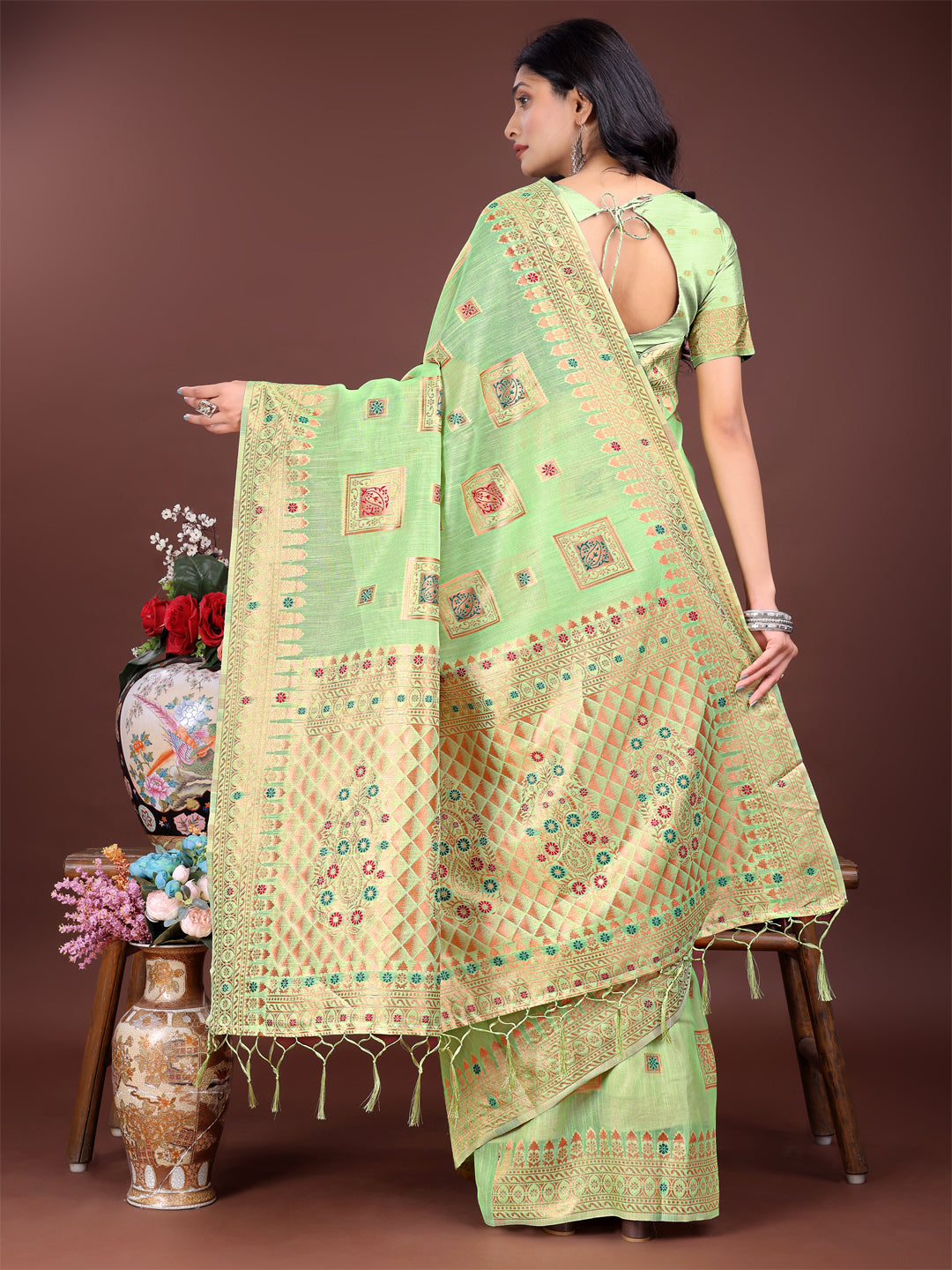 Light Green Colour Linen Cotton Printed Work Saree With Blouse Piece