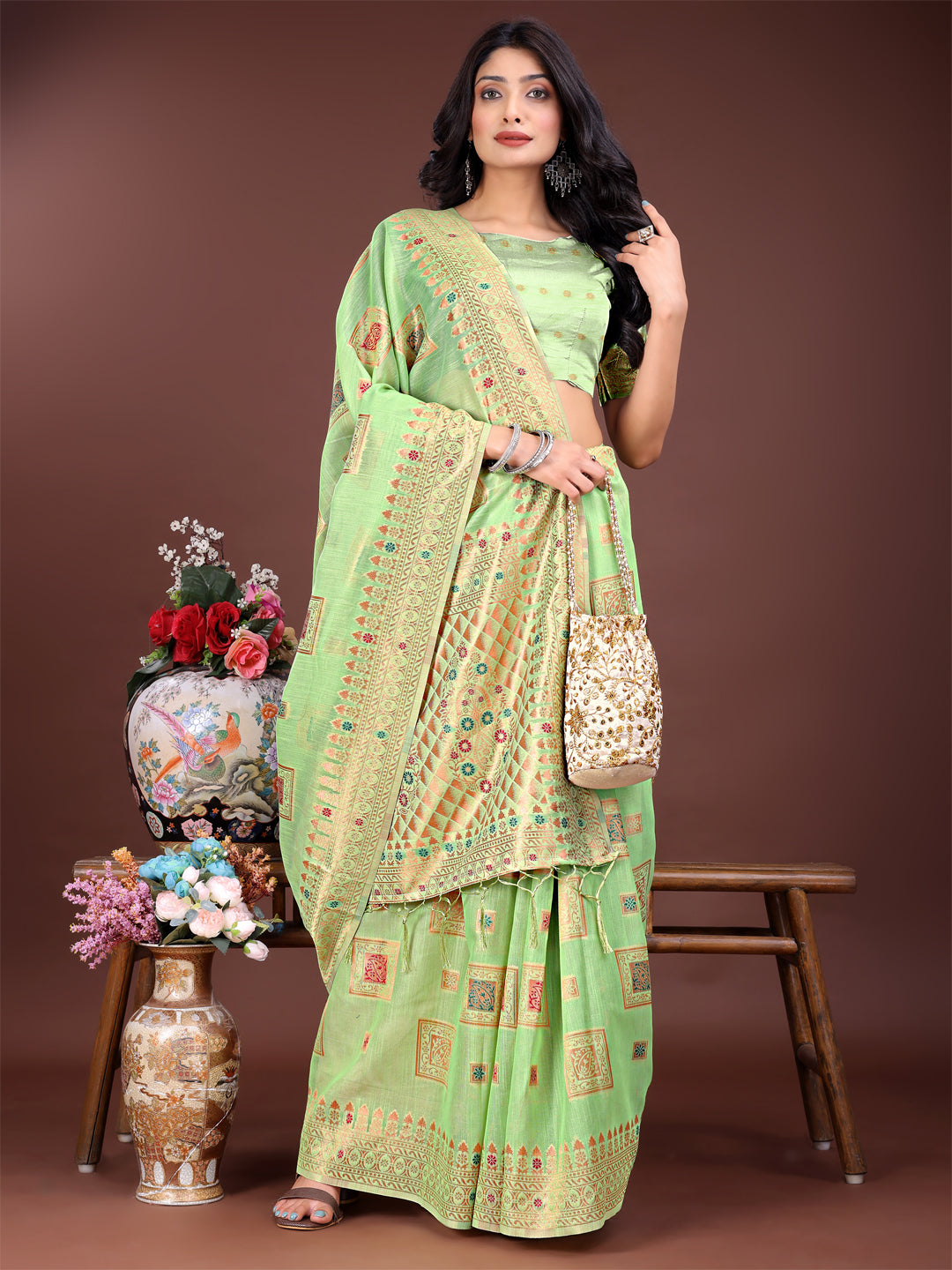 Light Green Colour Linen Cotton Printed Work Saree With Blouse Piece