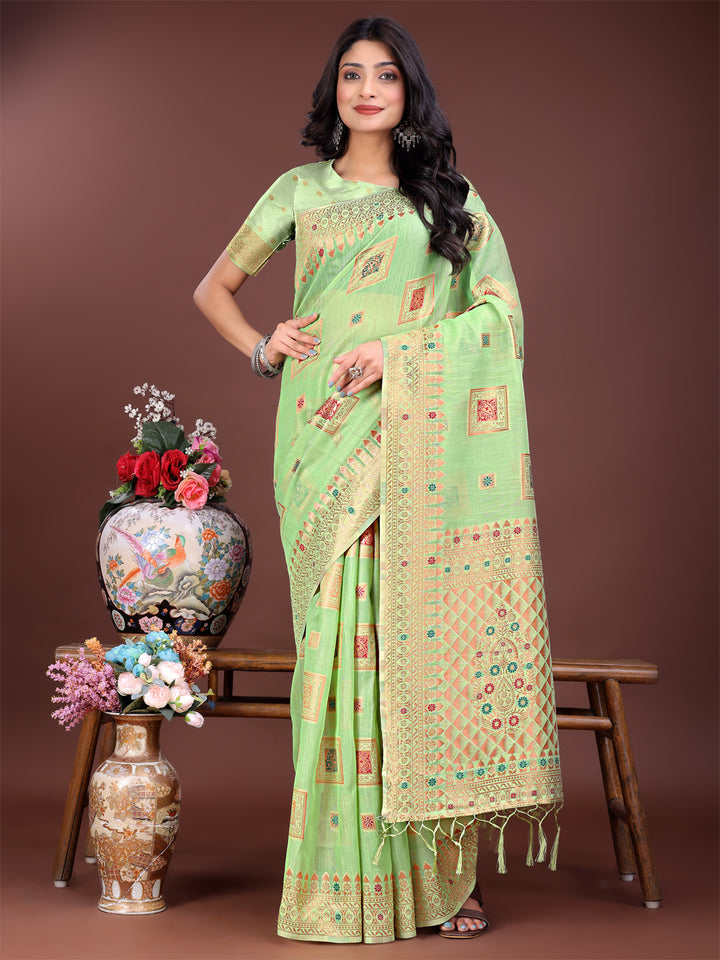 Light Green Colour Linen Cotton Printed Work Saree With Blouse Piece