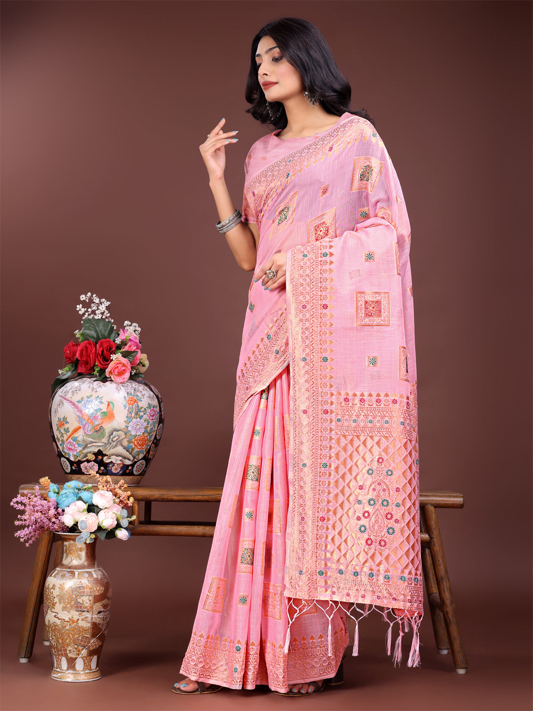 Light Pink Colour Linen Cotton Printed Work Saree With Blouse Piece