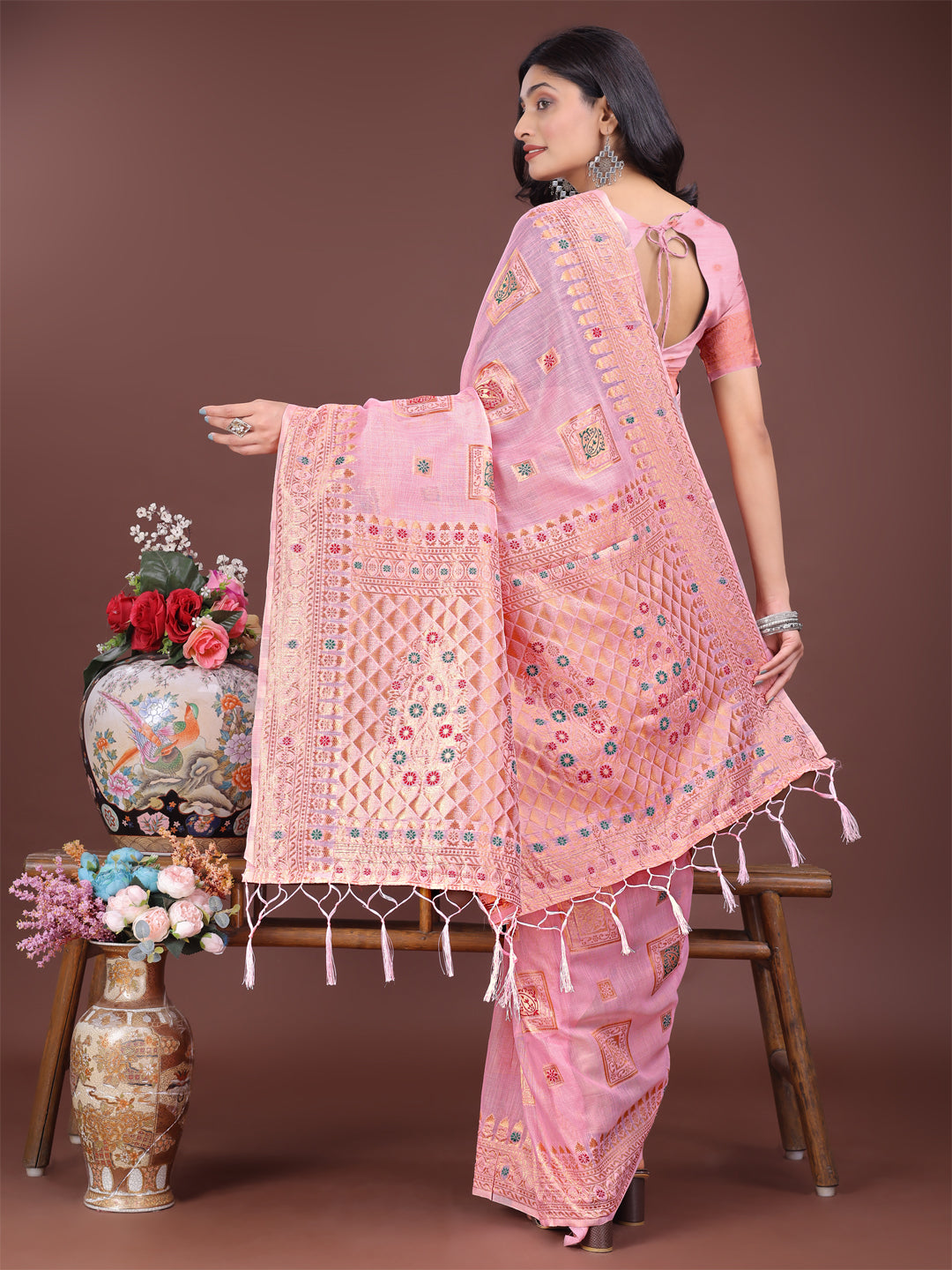 Light Pink Colour Linen Cotton Printed Work Saree With Blouse Piece