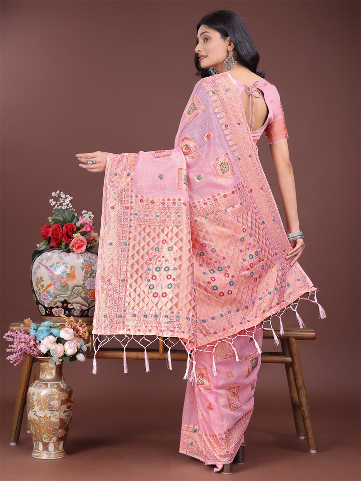 Light Pink Colour Linen Cotton Printed Work Saree With Blouse Piece